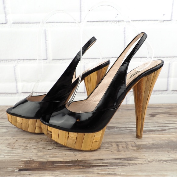 Miu Miu Shoes - MIUMIU 37.5 black patent bamboo platform slingback